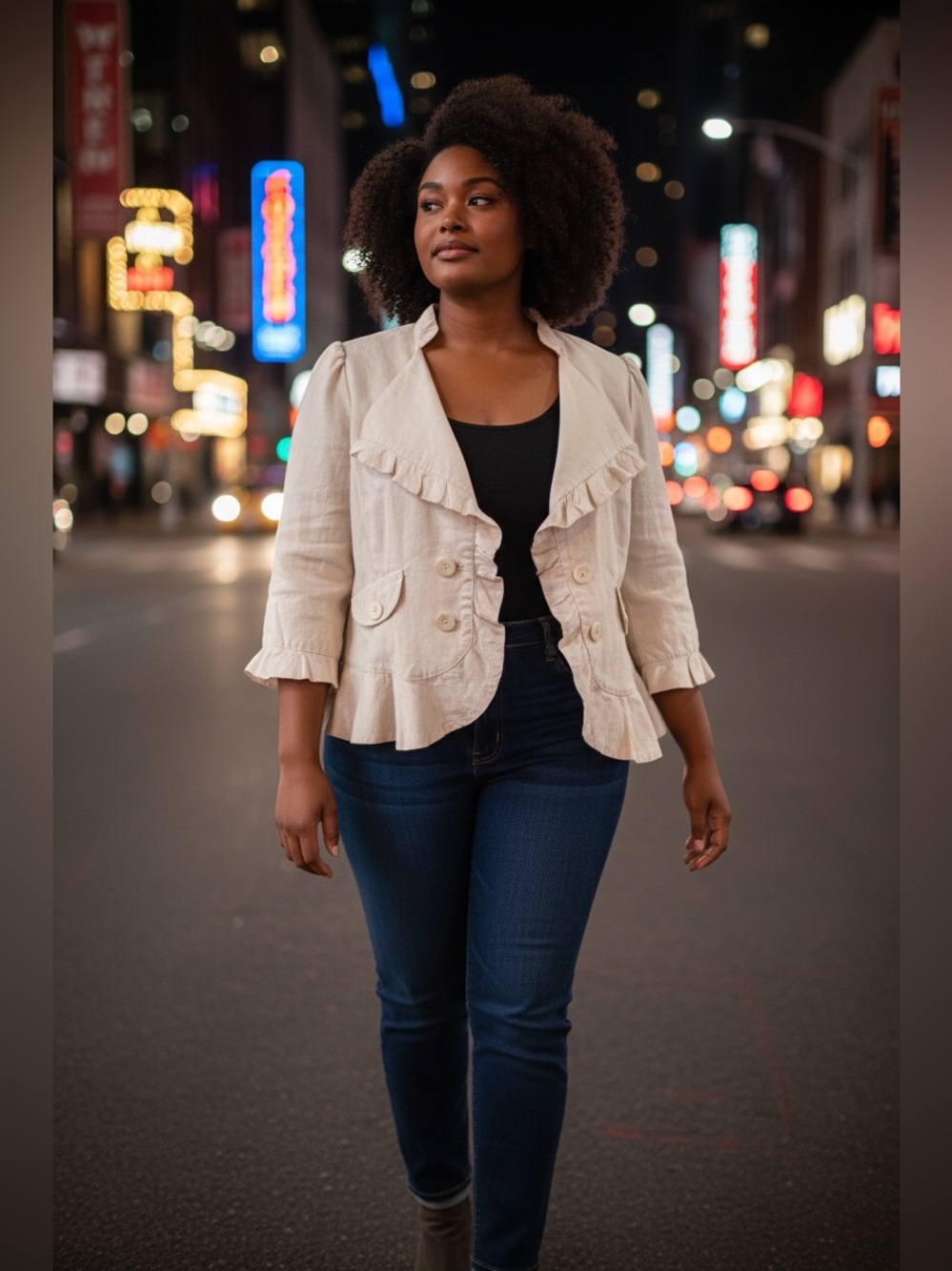 Ivory Ruffle-Trim Double-Breasted Blazer